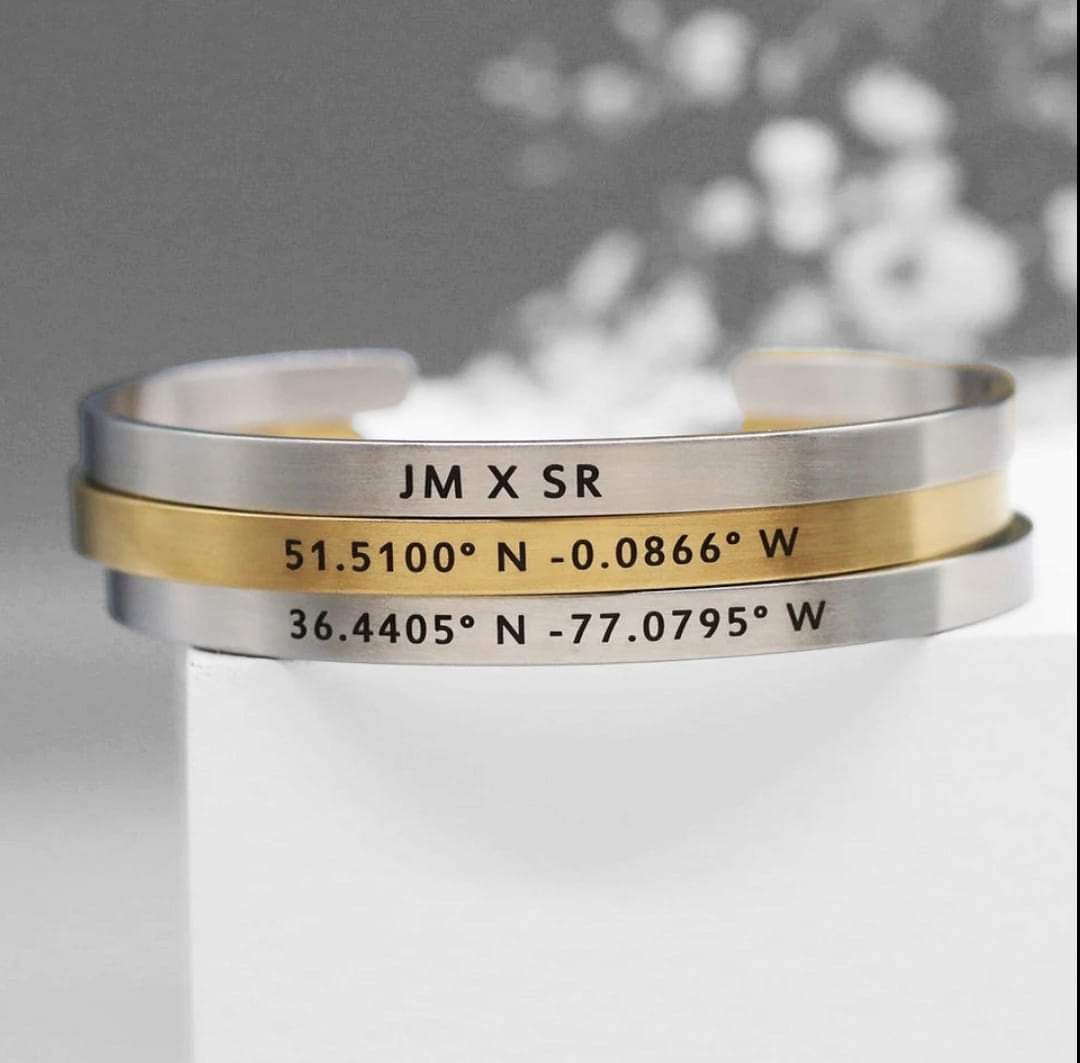 Engraved Bangles Cuff Coordinate Name For Unisex Personalized Stainless Steel