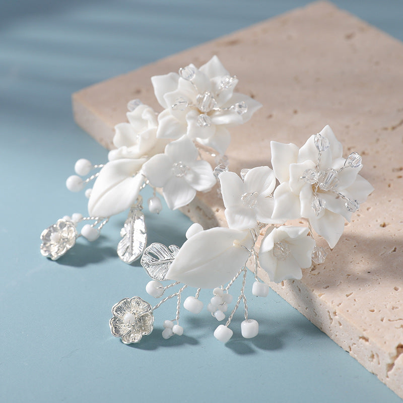 White Porcelain Flower Leaf Bridal, Prom Handmade Earrings