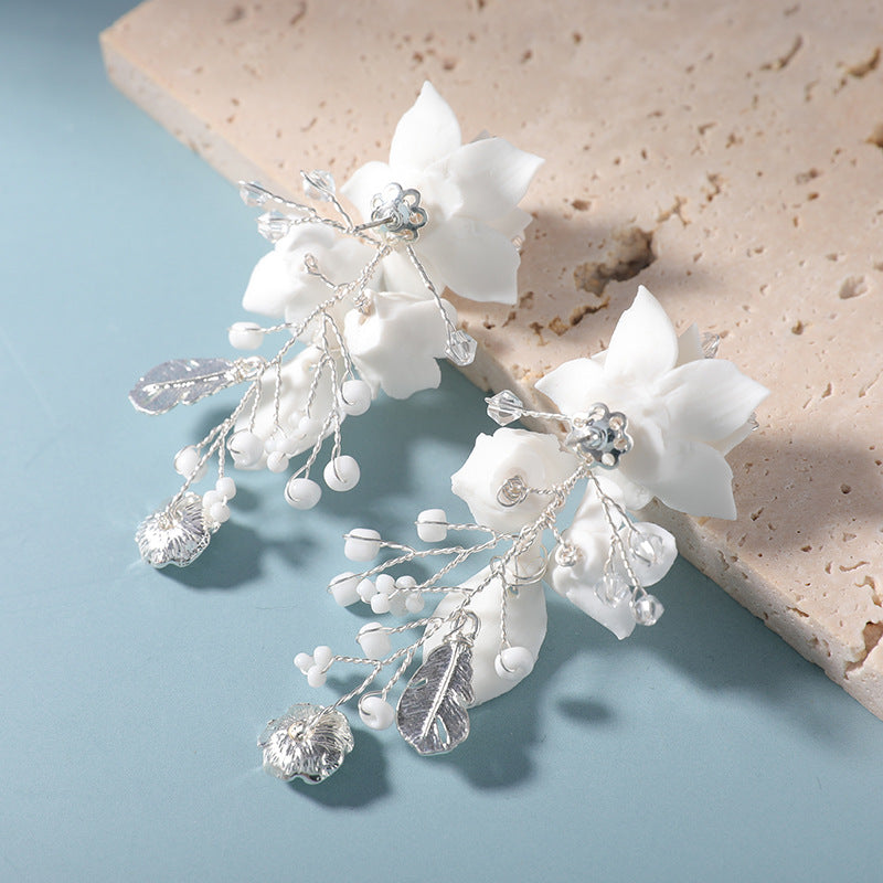 White Porcelain Flower Leaf Bridal, Prom Handmade Earrings