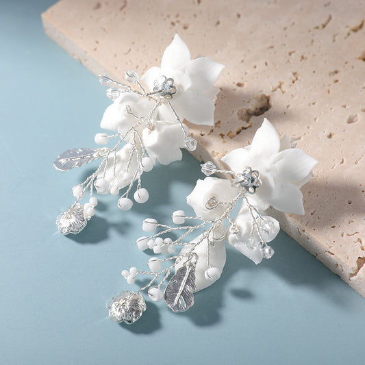 White Porcelain Flower Leaf Bridal, Prom Handmade Earrings