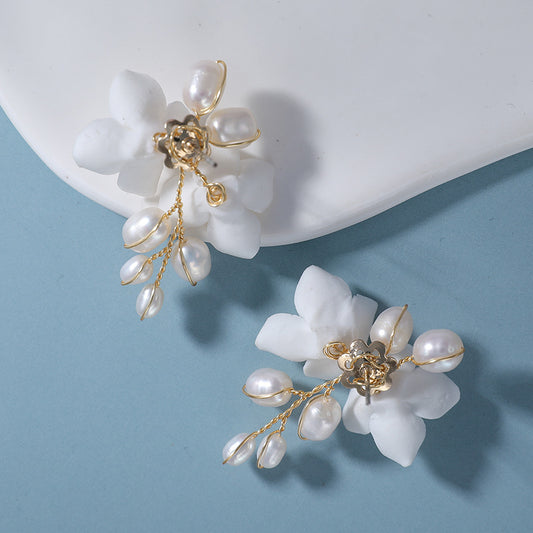 Gold+White Color Porcelain Flower Leaf Bridal, Prom or Party Earrings