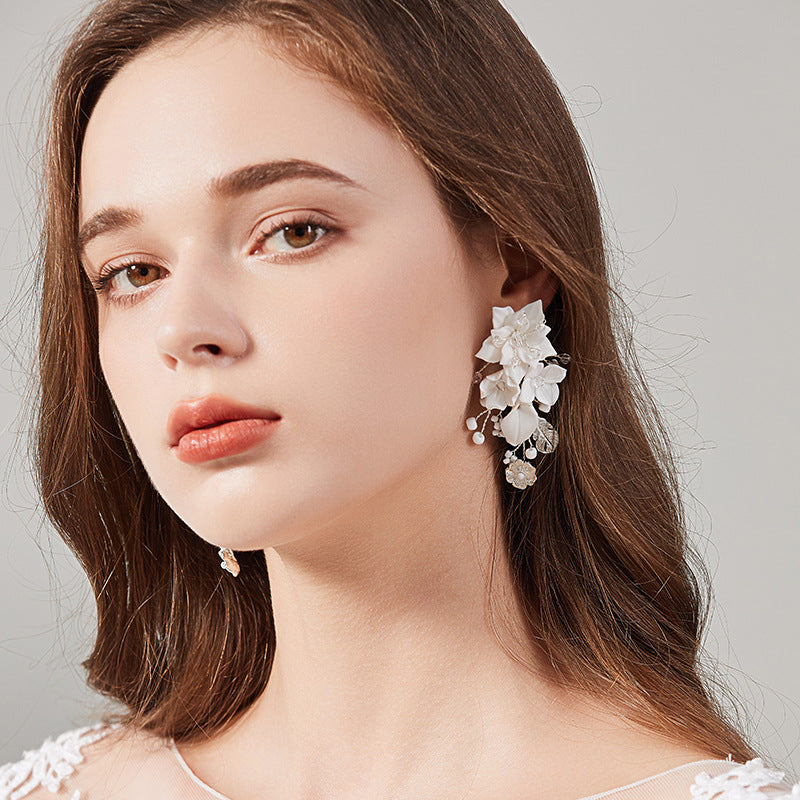 White Porcelain Flower Leaf Bridal, Prom Handmade Earrings