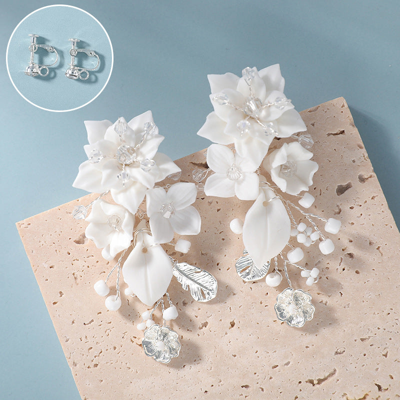 White Porcelain Flower Leaf Bridal, Prom Handmade Earrings