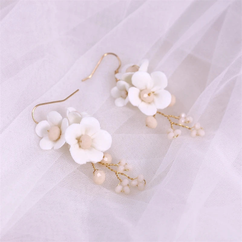 White Ceramic Flower Earrings Bridal, Prom  High Quality Handmade