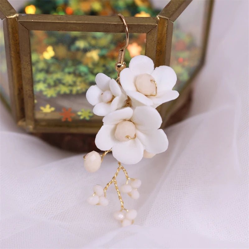 White Ceramic Flower Earrings Bridal, Prom  High Quality Handmade