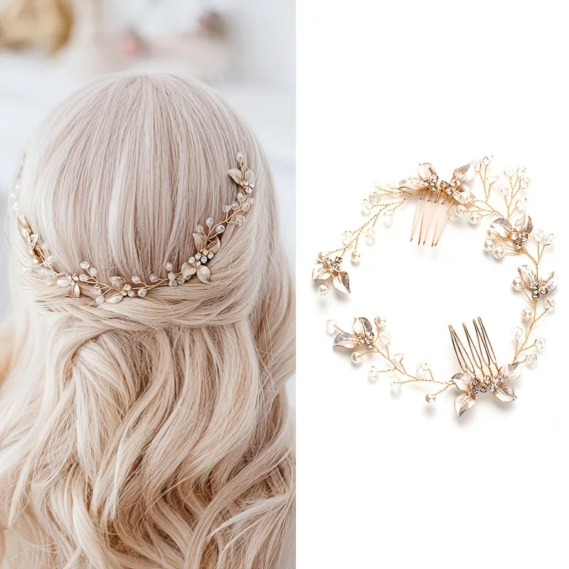 Pearl Leaf Hair Comb Bridal, Prom Party Accessories, Tiara Headband