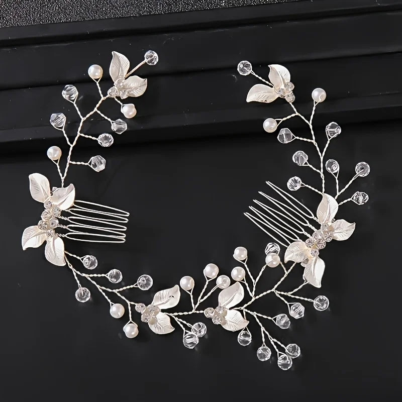 Pearl Leaf Hair Comb Bridal, Prom Party Accessories, Tiara Headband