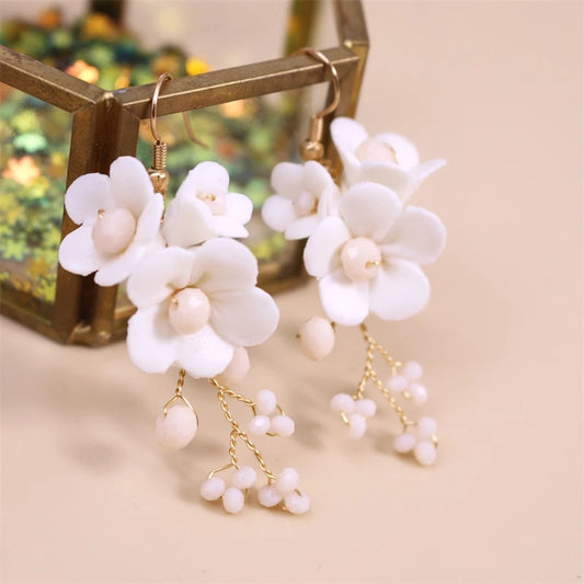 White Ceramic Flower Earrings Bridal, Prom  High Quality Handmade