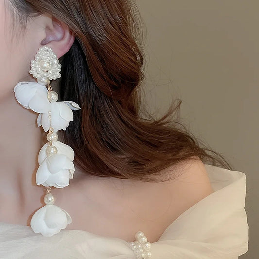 White Flower Long Drop Earrings Exaggerated Bridal, Prom or Party Handmade