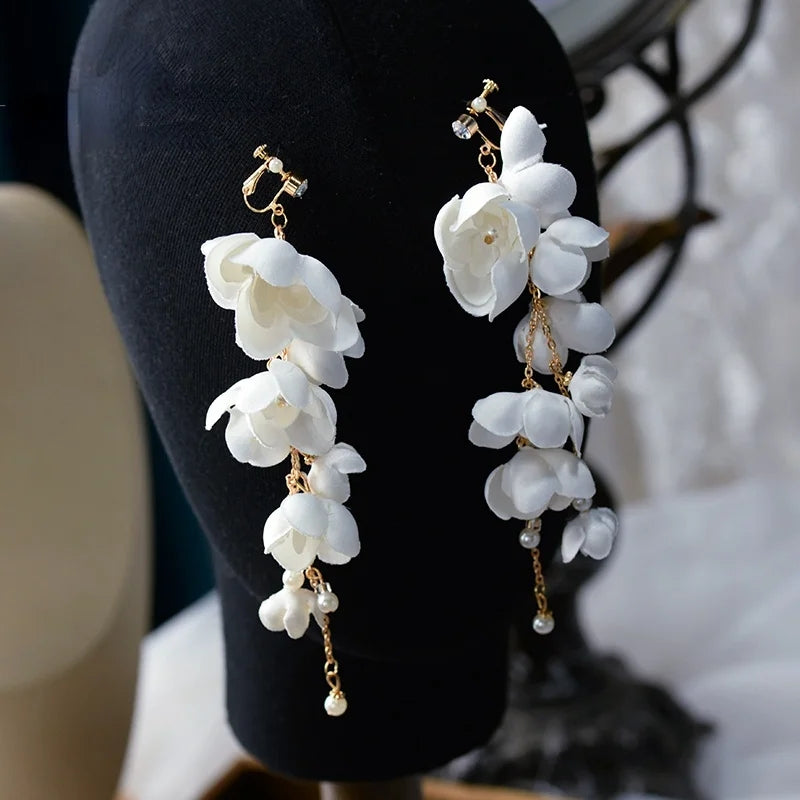 Beaded Flowers Fabric Bridal and Prom Earrings.