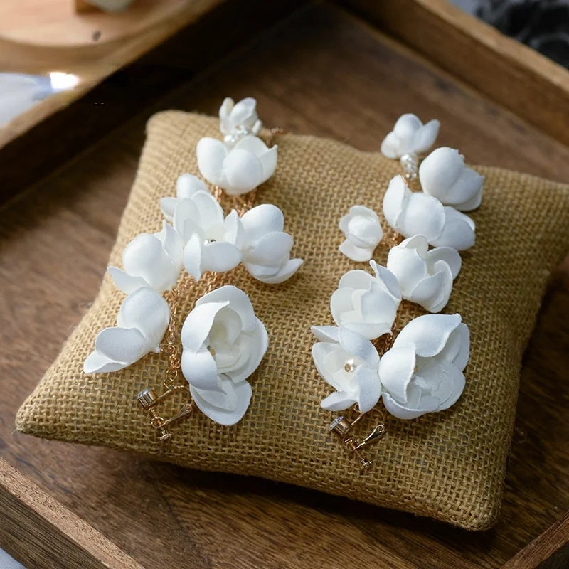 Beaded Flowers Fabric Bridal and Prom Earrings.