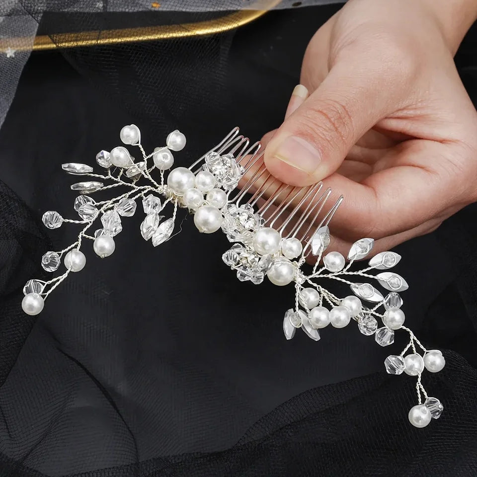 Pearl Crystal Leaf Tiara Headband Bridal Prom Party Handmade