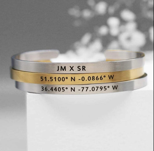 Engraved Bangles Cuff Coordinate Name For Unisex Personalized Stainless Steel