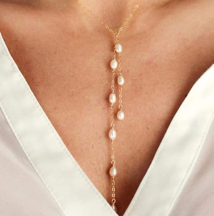 14K gold-filled Y necklace featuring a natural pearl pendant, perfect for boho-inspired style.