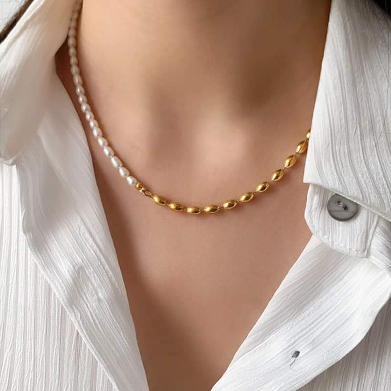 Pearl Beads Necklace Titanium Steel Beaded Freshwater Pearls Choker Necklace