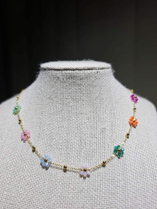 Stainless Steel Flower Necklace Colourful Beaded