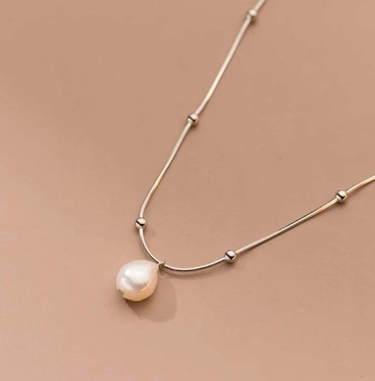 925 Sterling Silver Snake Bone Natural Baroque Pearl Necklace