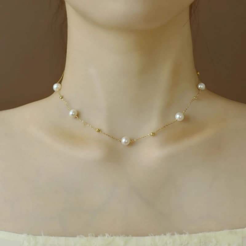 Natural Freshwater Pearl Necklace Fine Jewelry Near Round Shape Choker 14K Gold Filled