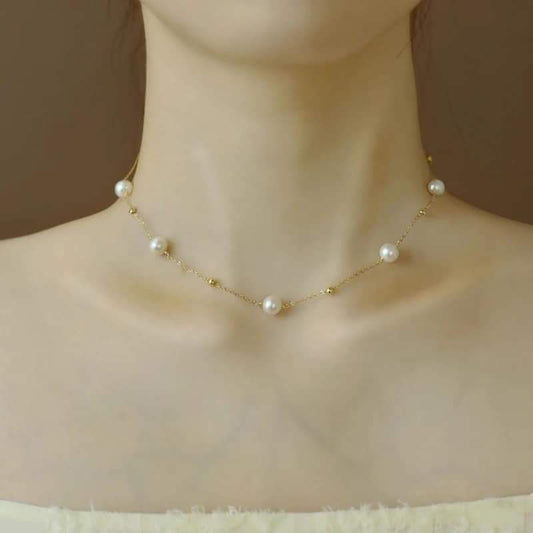 Natural Freshwater Pearl Necklace Fine Jewelry Near Round Shape Choker 14K Gold Filled