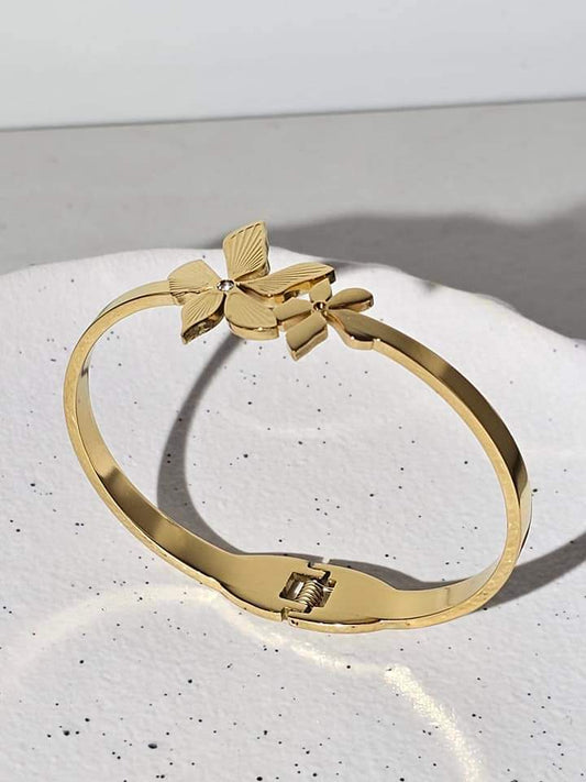 Stainless Steel Fashion Wide Geometric Open Bangle Bracelet Exquisite Golden Leaves Heart Evil Eye
