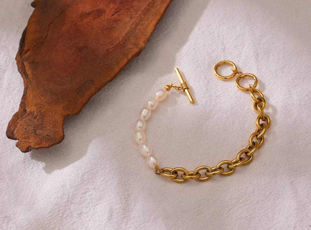 Natural Pearl Toggle-Clasps Chain Bracelet High Quality Stainless Steel 18 K Metal Bracelet