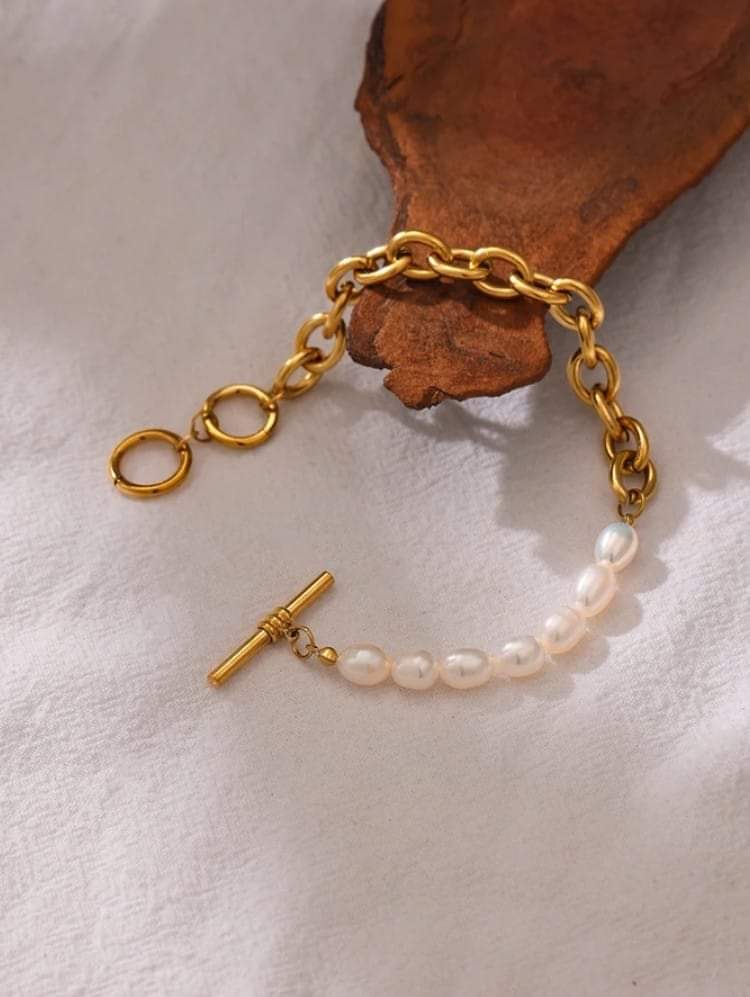 Natural Pearl Toggle-Clasps Chain Bracelet High Quality Stainless Steel 18 K Metal Bracelet