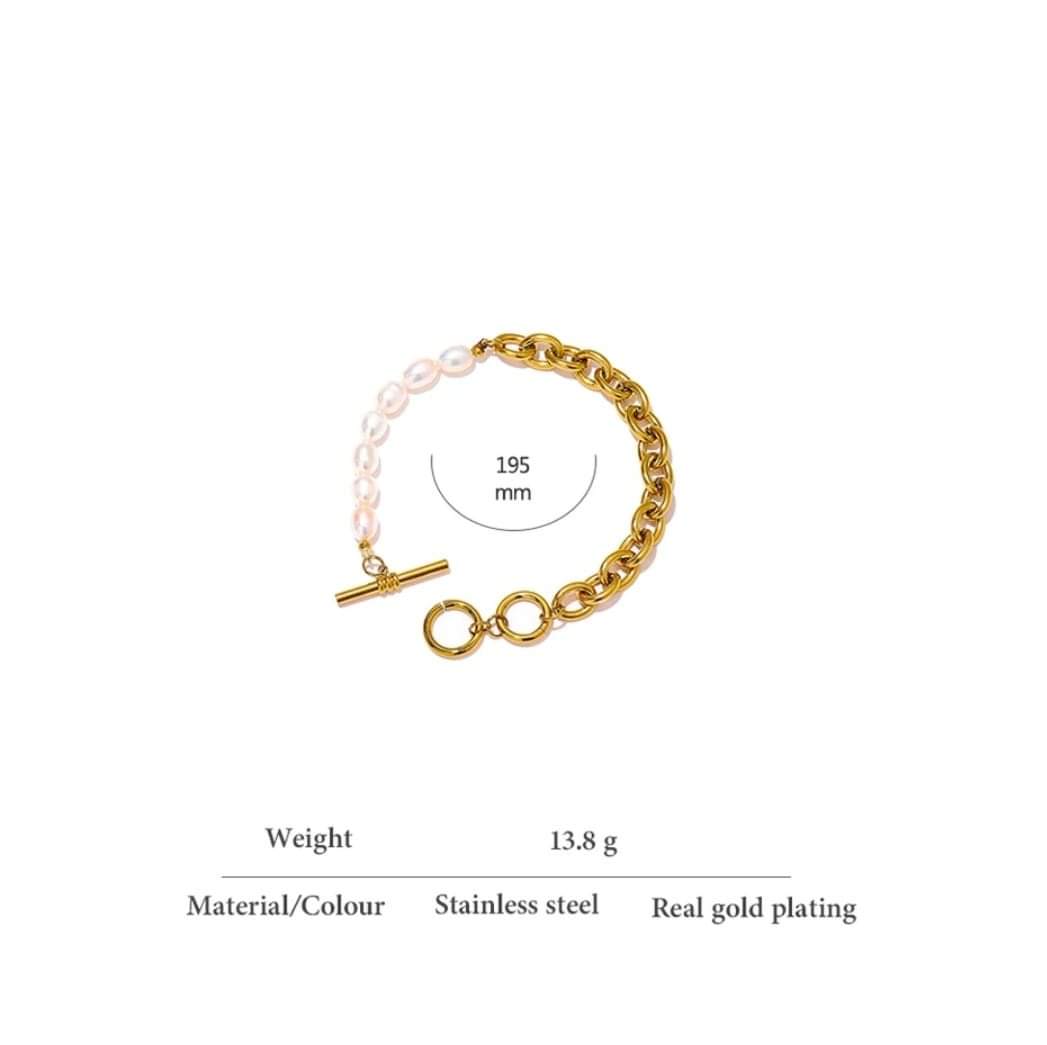 Natural Pearl Toggle-Clasps Chain Bracelet High Quality Stainless Steel 18 K Metal Bracelet