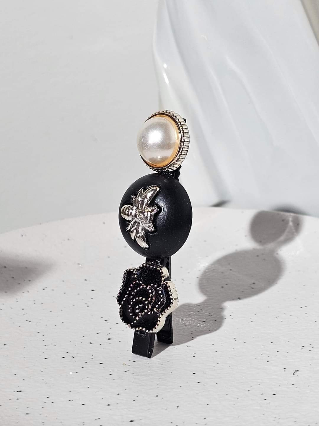 Pearl & Honey Bee Black Rose HairClip Handmade