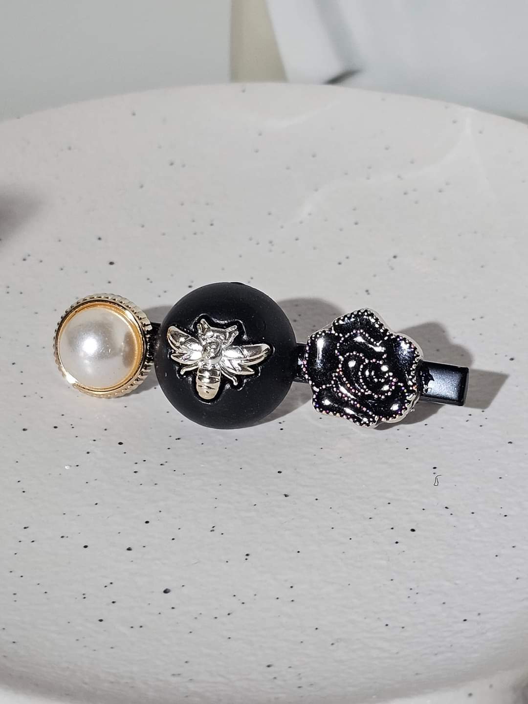 Pearl & Honey Bee Black Rose HairClip Handmade