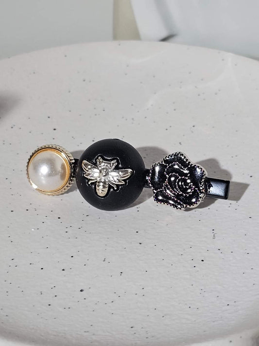Pearl & Honey Bee Black Rose HairClip Handmade