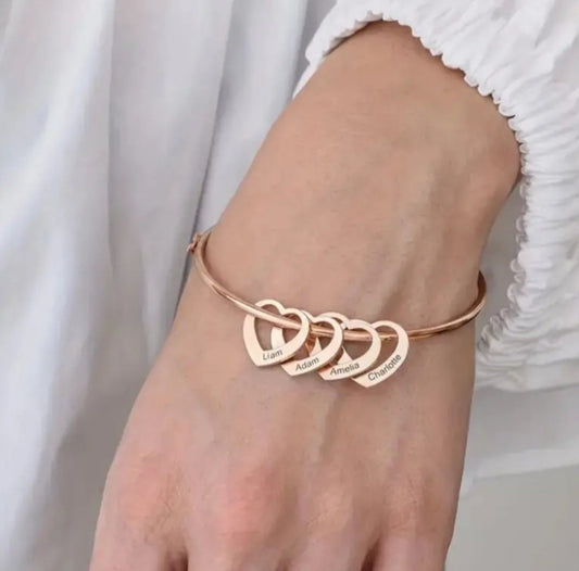 Personalized Bangle With Hearts Of The Family, Adjustable Bangle
