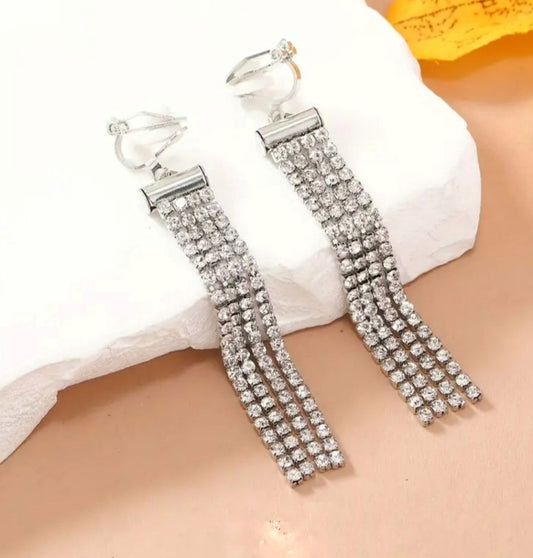 Rhinestone Tassel Clip On Earrings
