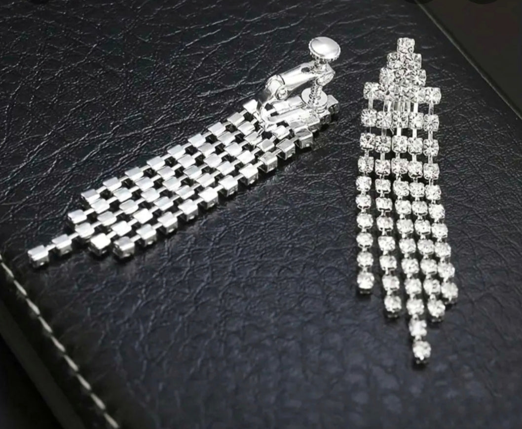 Sparkling Silver Tassel Clip-On Earrings with full rhinestone pave
