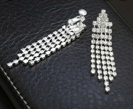 Sparkling Silver Tassel Clip-On Earrings with full rhinestone pave