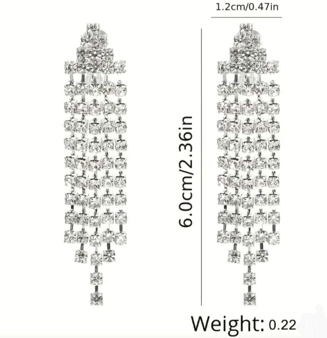 Sparkling Silver Tassel Clip-On Earrings with full rhinestone pave
